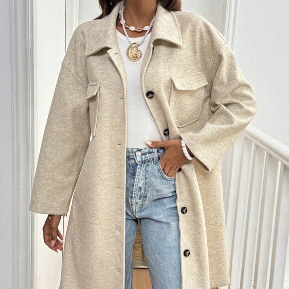 Beige Casual Women's Drop Shoulder Woolen Long Sleeve Coat - Picture 6 of 6